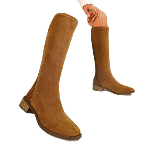 Soft Leather Simple Elegant Elastic Women's Autumn And Winter Flat High Boots